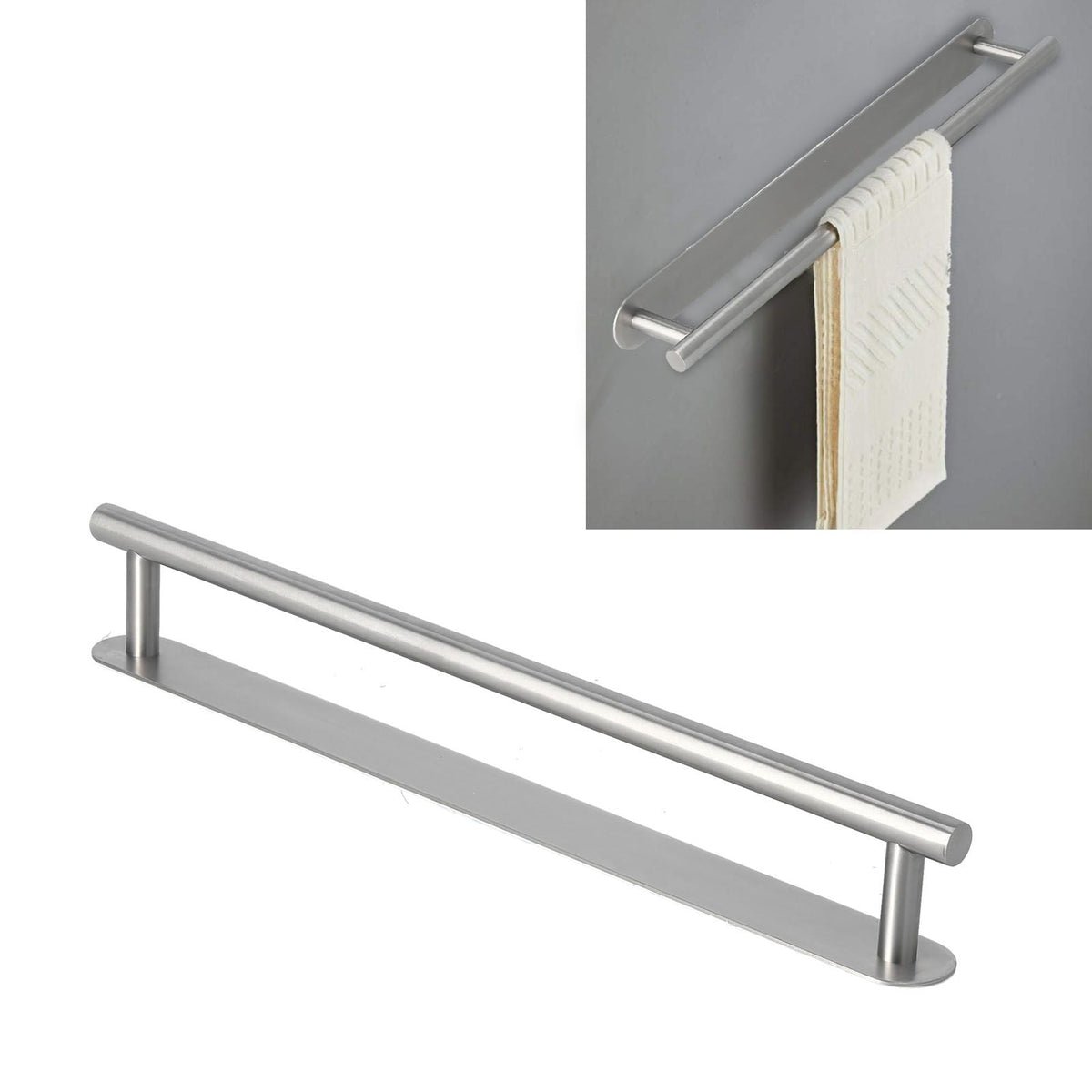 304 Stainless Steel Towel Rack in brushed silver with a single rod, flat mounting strip and rounded ends
