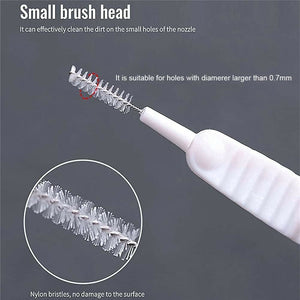 30Pcs Shower Nozzle Cleaning Brush with white plastic handle and slim metal stem tipped with dense clear nylon bristles