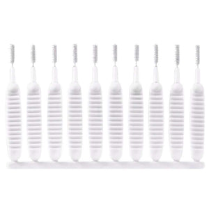 30Pcs Shower Nozzle Cleaning Brush set with white ribbed plastic handles and slim gray nylon bristles attached to a strip
