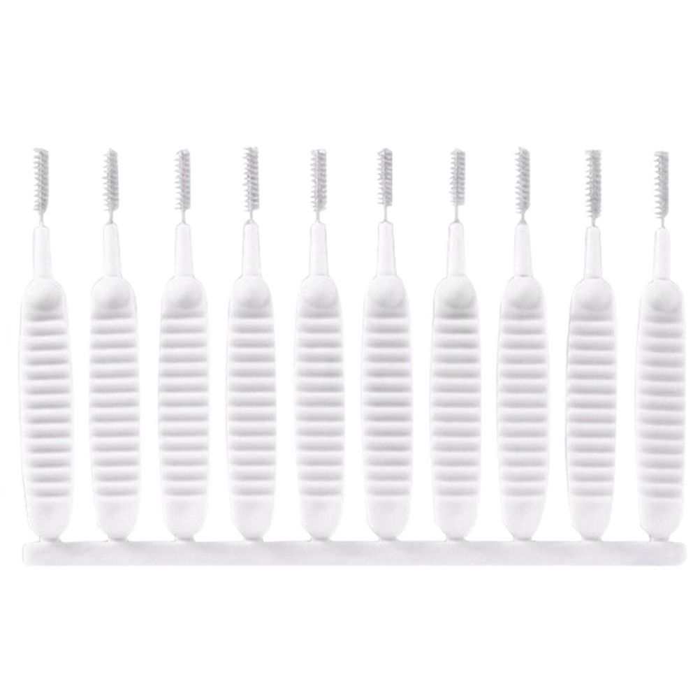 30Pcs Shower Nozzle Cleaning Brush set with white ribbed plastic handles and slim gray nylon bristles attached to a strip
