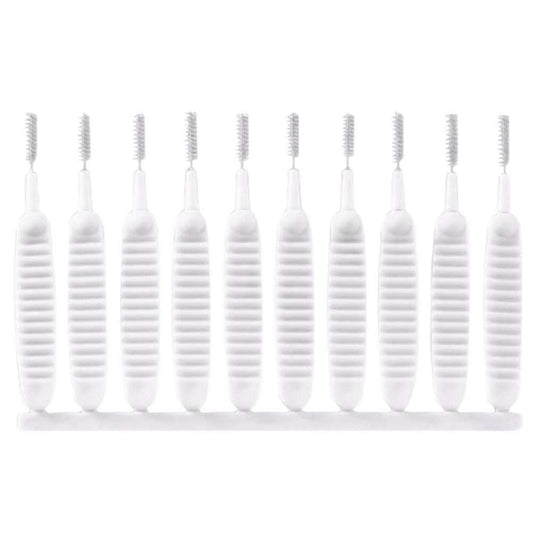 30Pcs Shower Nozzle Cleaning Brush set with white ribbed plastic handles and slim gray nylon bristles attached to a strip