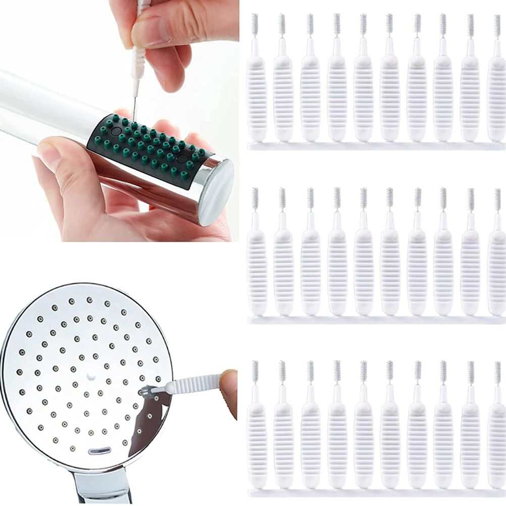 30Pcs Shower Nozzle Cleaning Brush set with slim white ribbed plastic handles and fine bristle tips for clearing shower nozzles