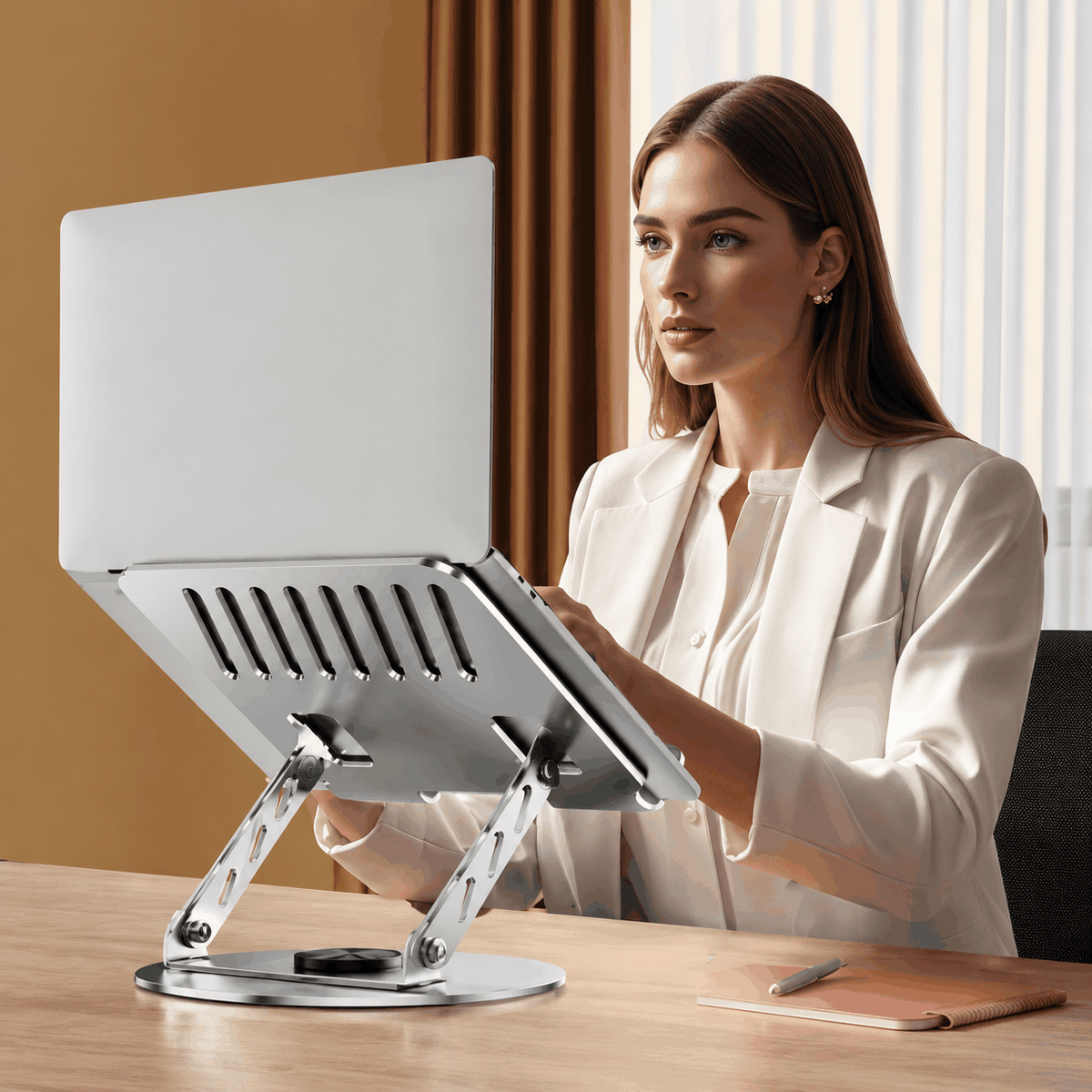 360 Degree Rotatable Laptop Stand in silver aluminium, with an open slotted platform, adjustable supports and round rotating base
