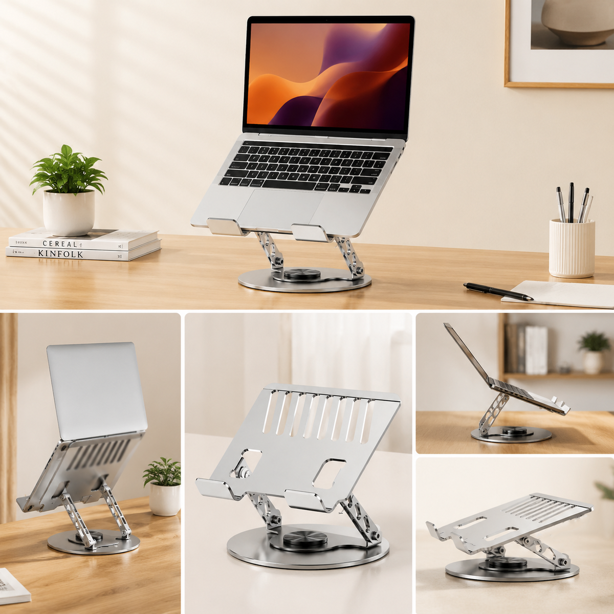 360 Degree Rotatable Laptop Stand in silver aluminium with adjustable supports, slotted open platform and round rotating base