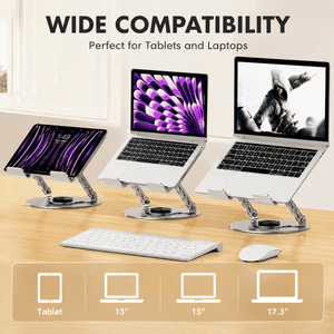360 Degree Rotatable Laptop Stand in silver aluminium with adjustable arms and round rotating base, shown holding tablets and laptops
