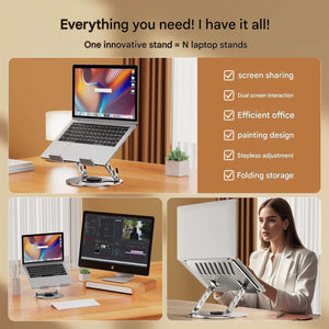 360 Degree Rotatable Laptop Stand in silver aluminium with adjustable arms and circular rotating base supporting a laptop