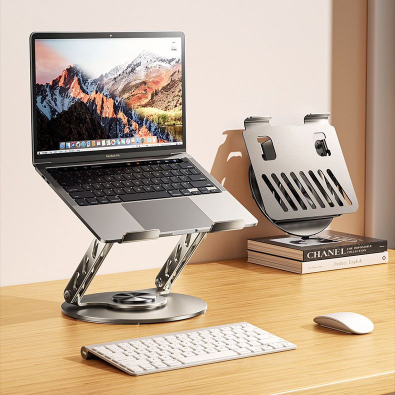 360 Degree Rotatable Laptop Stand in silver aluminium with an open-frame adjustable design supporting a laptop