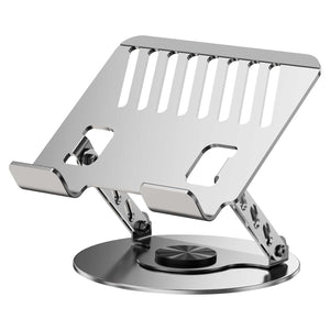 360 Degree Rotatable Laptop Stand in silver aluminium, with a slotted openwork platform, adjustable arms and round rotating base