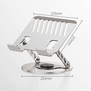 360 Degree Rotatable Laptop Stand in silver aluminium with a slotted open-frame tray, adjustable arms and circular rotating base