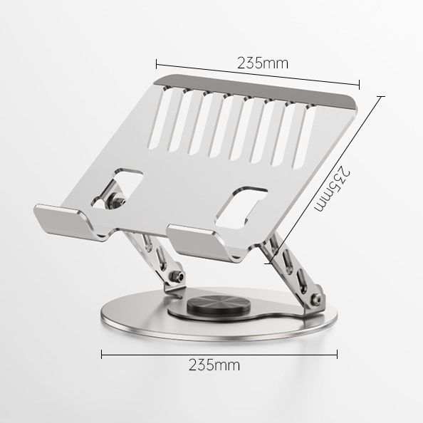 360 Degree Rotatable Laptop Stand in silver aluminium with a slotted open-frame tray, adjustable arms and circular rotating base
