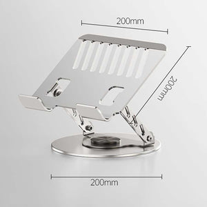 360 Degree Rotatable Laptop Stand in silver aluminium with a slotted platform, adjustable supports and circular swivel base