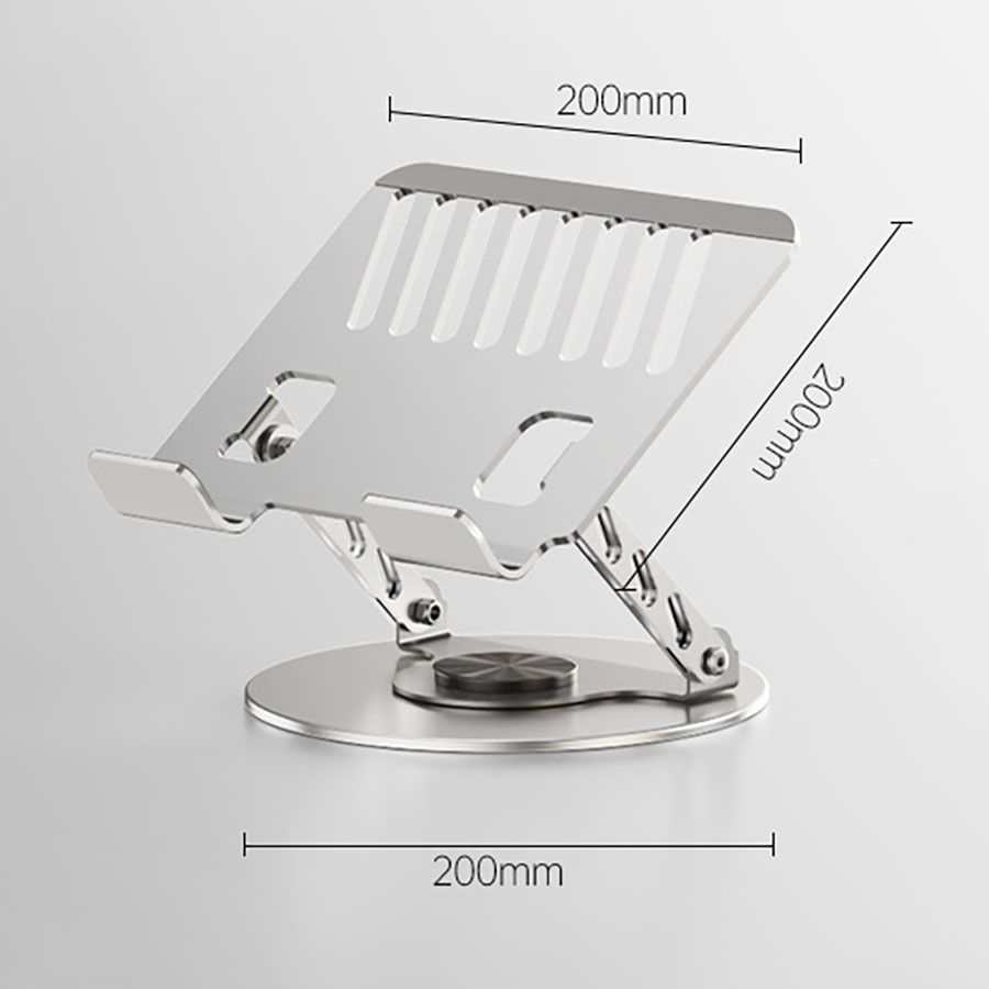 360 Degree Rotatable Laptop Stand in silver aluminium with a slotted platform, adjustable supports and circular swivel base