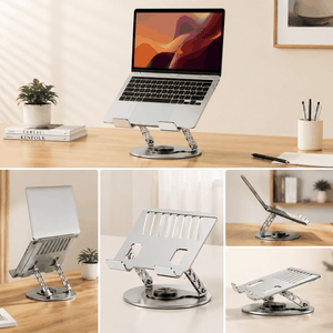 360 Degree Rotatable Laptop Stand in silver aluminium, with a slotted open frame, adjustable supports and circular swivel base