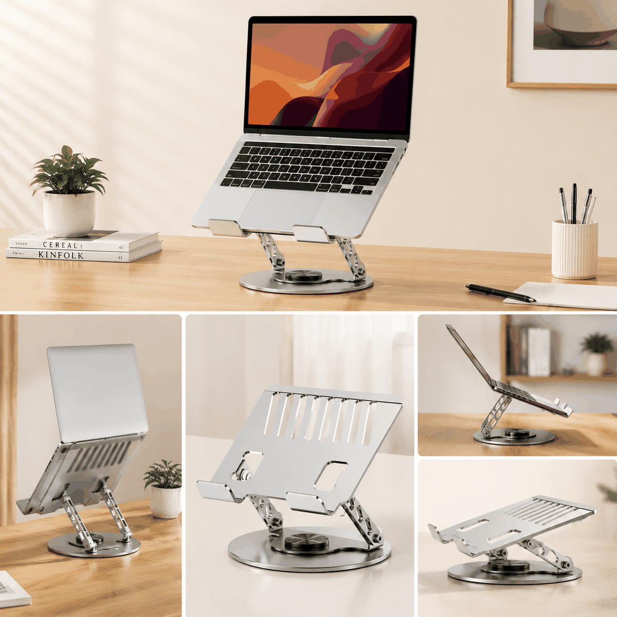 360 Degree Rotatable Laptop Stand in silver aluminium, with a slotted open frame, adjustable supports and circular swivel base
