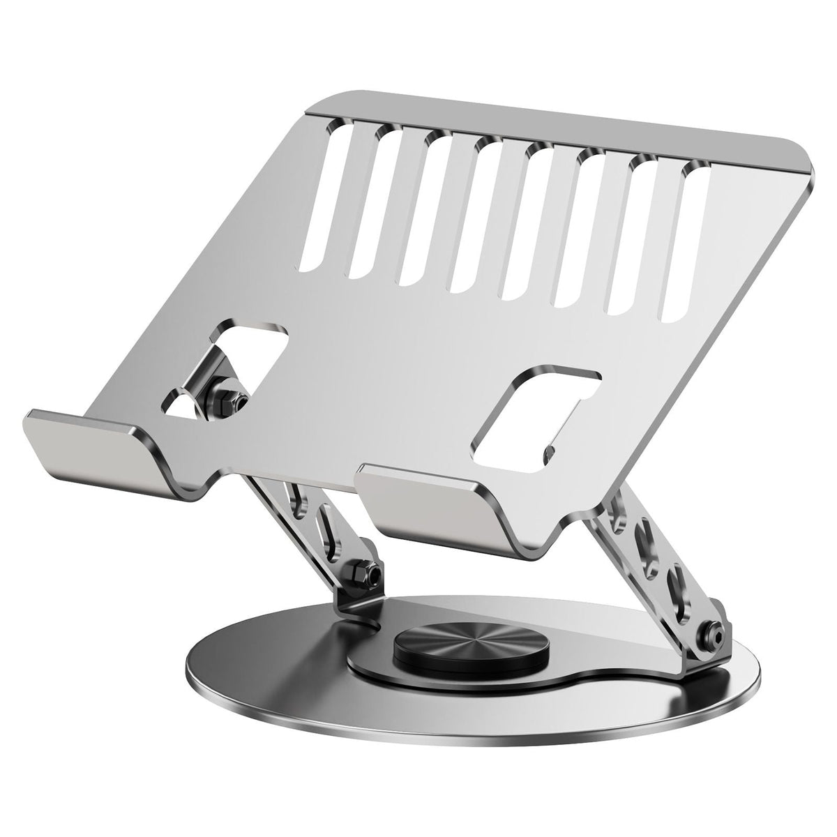 360 Degree Rotatable Laptop Stand in silver aluminium with an open slotted platform, adjustable arms and circular swivel base