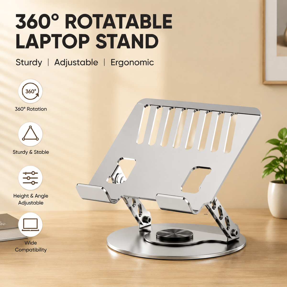 360 Degree Rotatable Laptop Stand in silver metal with a slotted open platform, adjustable arms and circular rotating base