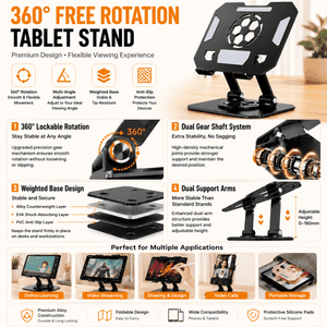 360 Degree Rotating Tablet stand in black metal with a dual-arm frame, adjustable cradle, and weighted rotating base