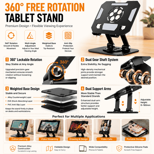 360 Degree Rotating Tablet stand in black metal with a dual-arm frame, adjustable cradle, and weighted rotating base