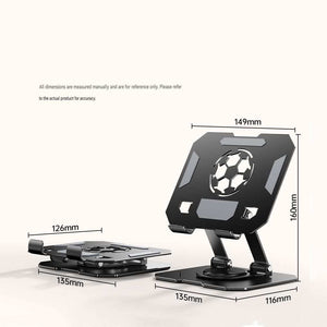 360 Degree Rotating Tablet stand in black metal with a foldable dual-arm frame and square device cradle