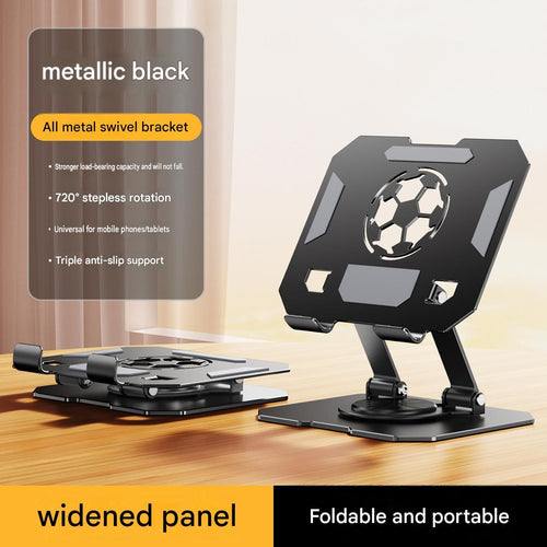 360 Degree Rotating Tablet stand in metallic black metal, with a wide perforated panel, foldable dual supports and swivel base