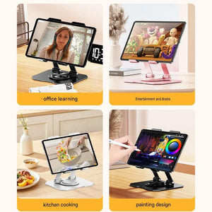 360 Degree Rotating Tablet stand in black and silver aluminium with dual arms, holding tablets in adjustable positions