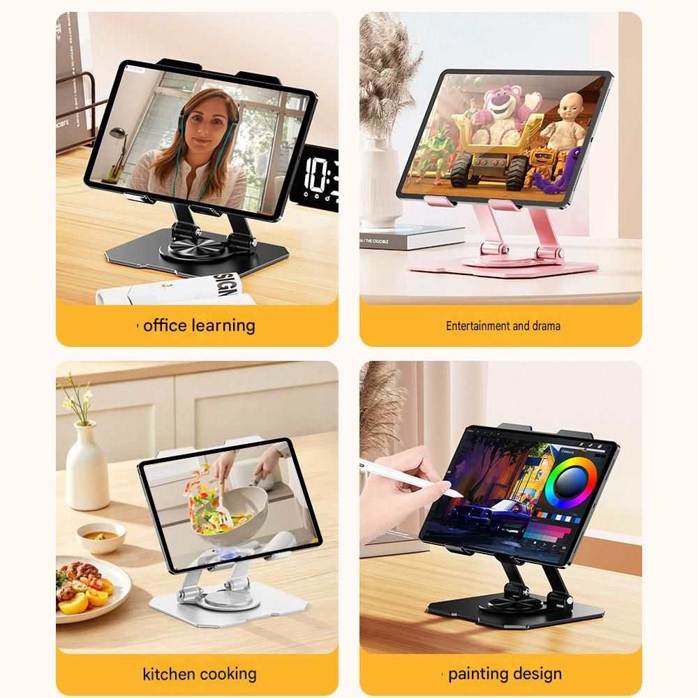 360 Degree Rotating Tablet stand in black and silver aluminium with dual arms, holding tablets in adjustable positions