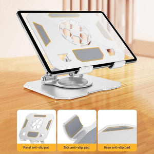 360 Degree Rotating Tablet stand in silver aluminium with a dual-arm base, adjustable cradle and anti-slip pads
