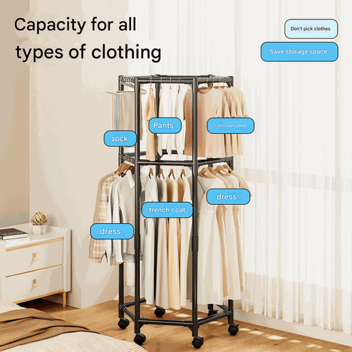 360° Rotating Garment Rack in black metal with a hexagonal top rail, two hanging levels and caster wheels, displaying clothes