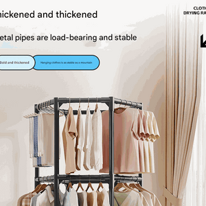 360° Rotating Garment Rack with a sturdy black metal frame, two tiers of hanging rails, and clothes on hangers