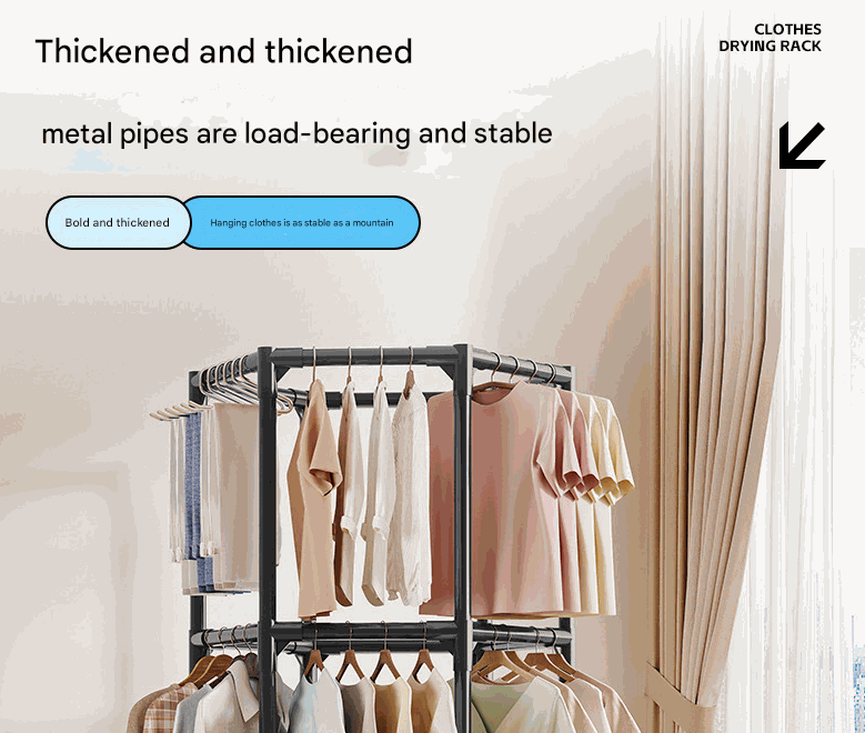 360° Rotating Garment Rack with a sturdy black metal frame, two tiers of hanging rails, and clothes on hangers