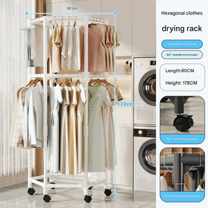 360° Rotating Garment Rack in white metal with two hexagonal hanging rails, garments and lockable caster wheels