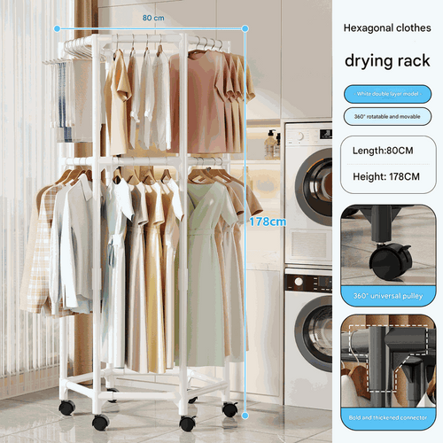 360° Rotating Garment Rack in white metal with two hexagonal hanging rails, garments and lockable caster wheels