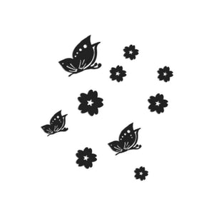 3D Mirror Wall Sticker set with black butterfly and flower-shaped acrylic pieces in assorted sizes