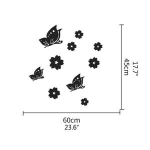 3D Mirror Wall Sticker set with black butterfly and flower silhouettes in assorted sizes, arranged as a 60 x 45 cm decal