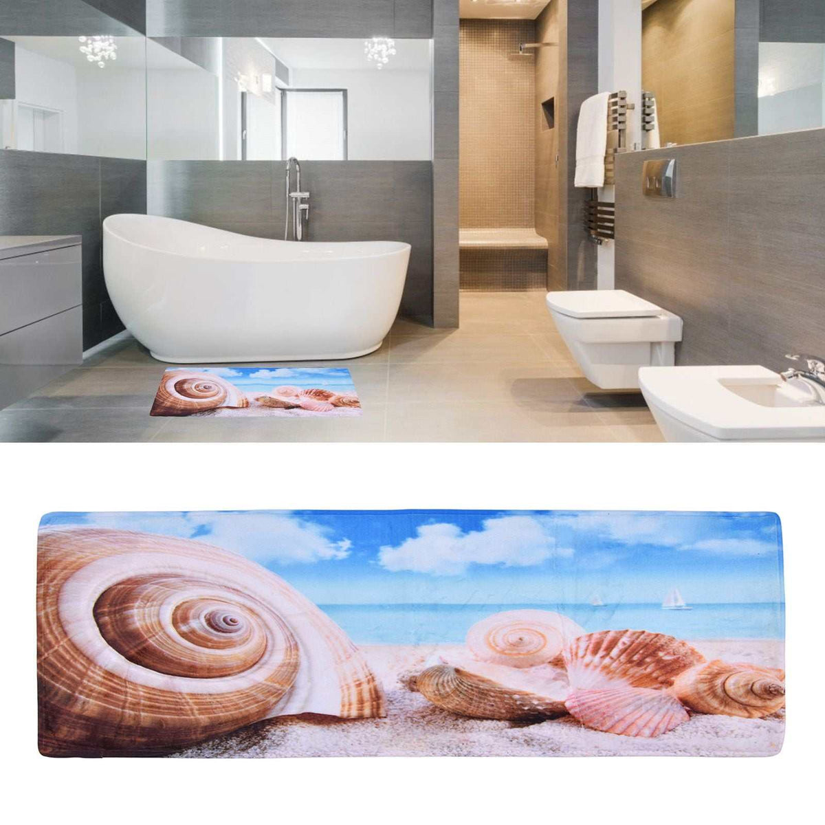 3D Pattern Doormat is a rectangular flannel mat with a colourful beach scene, seashells, sand and blue sky