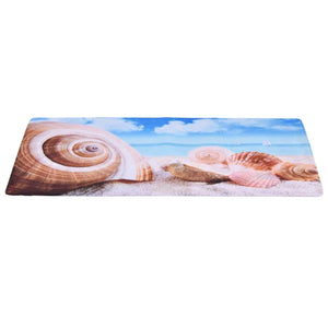 3D Pattern Doormat in soft blue flannel with a beach scene, featuring large seashells and sandy shore