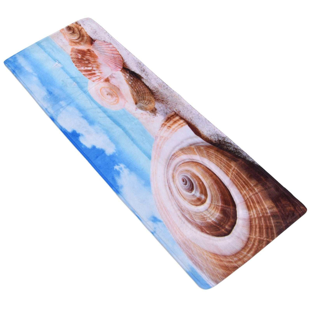 3D Pattern Doormat in soft flannel with a blue ocean design, brown seashells and a large spiral shell motif