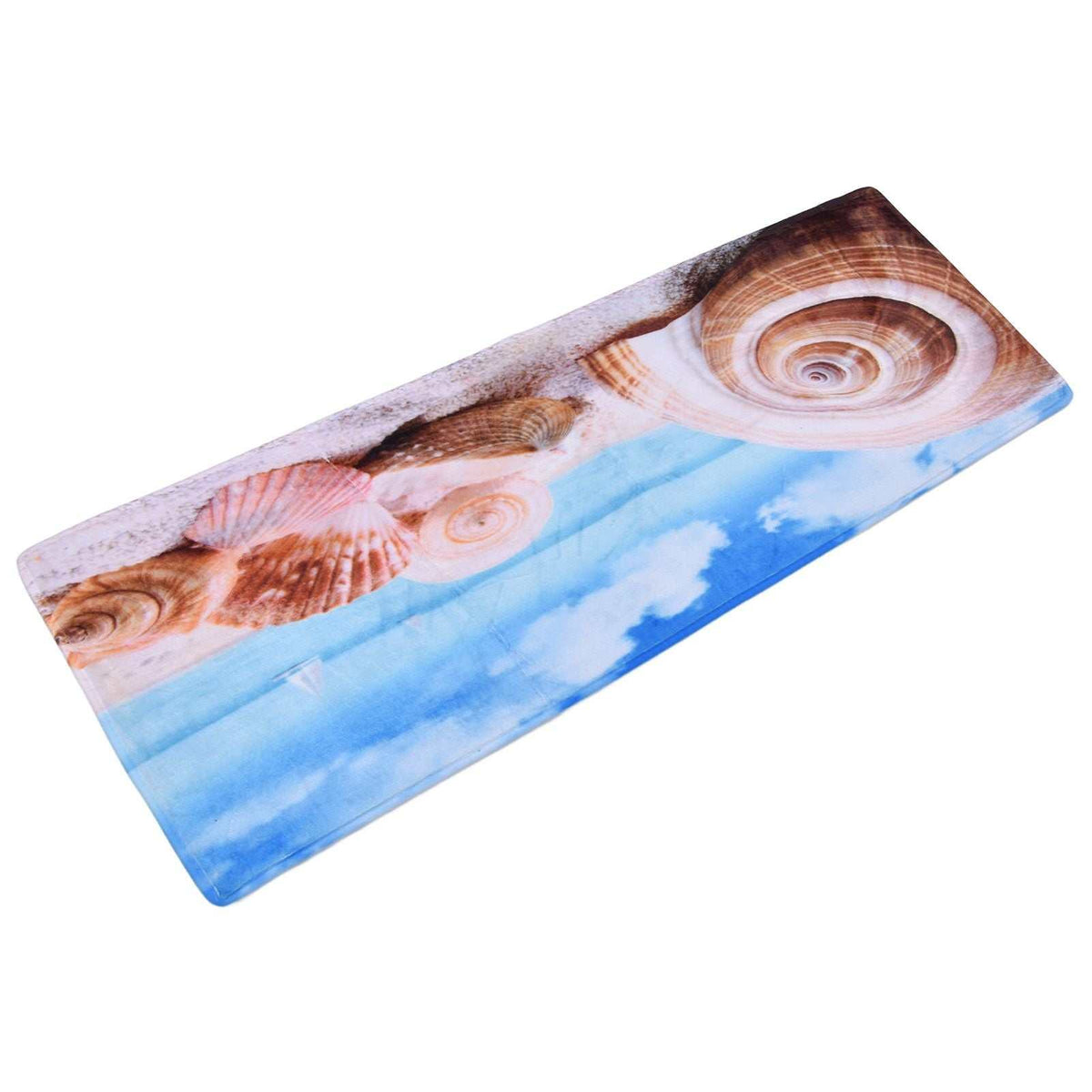 3D Pattern Doormat in soft flannel with a blue ocean and sky print, decorated with realistic seashells and spirals