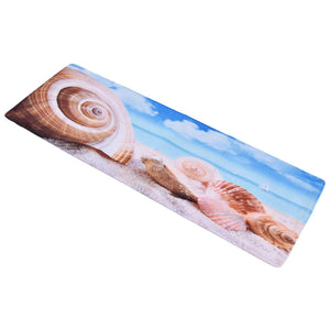 3D Pattern Doormat in soft flannel with a beach scene of seashells, pale sand, and blue water