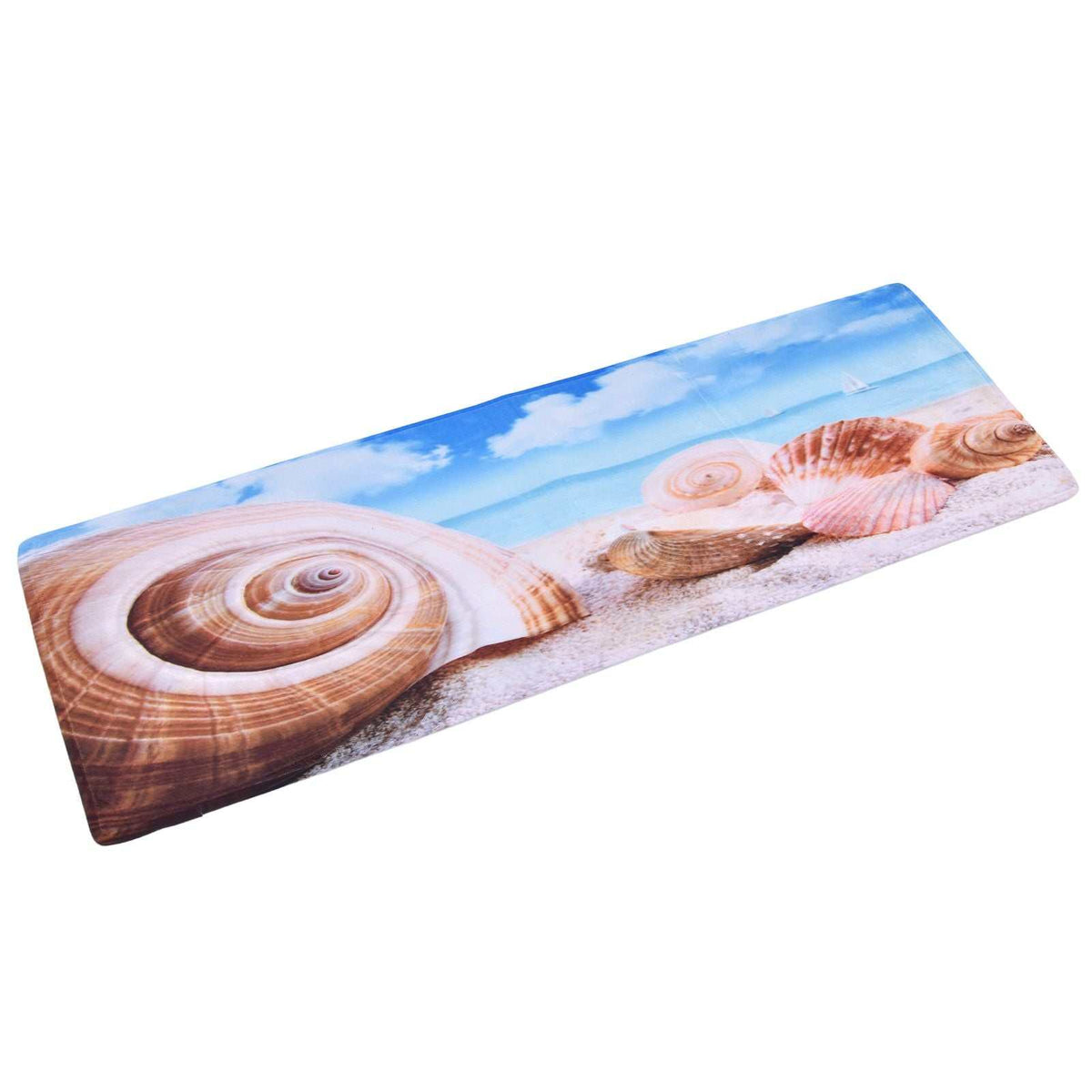 3D Pattern Doormat in soft flannel with a colorful beach scene, featuring large seashells, sand and blue sky