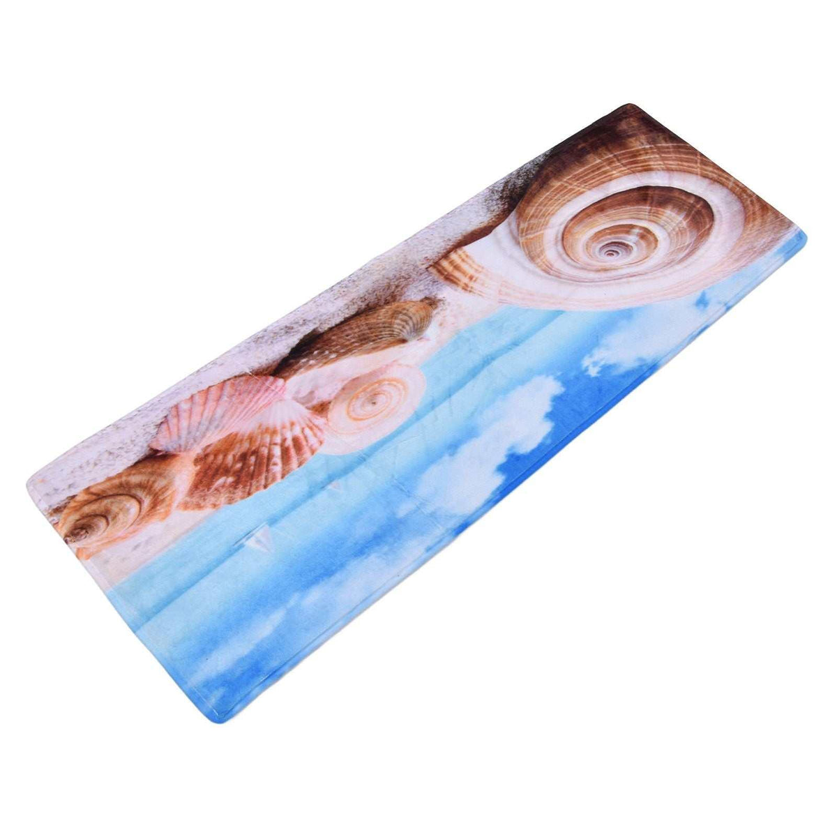 3D Pattern Doormat in soft flannel with a seashell print, featuring blue water and brown spiral shells