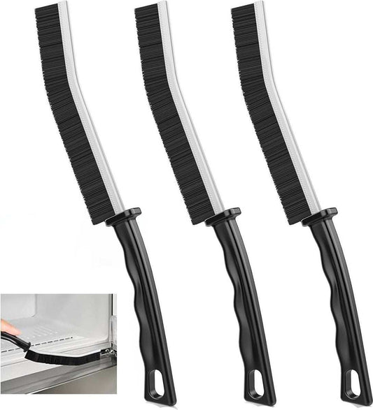 3x Hard-bristled Crevice Brush set with three black nylon bristle heads and long curved handles for narrow gaps