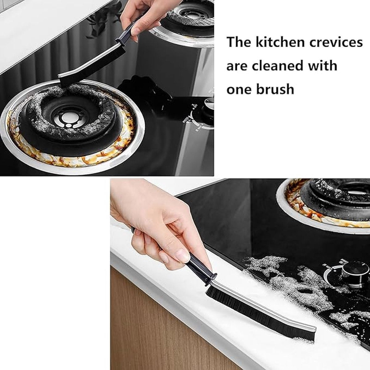 3x Hard-bristled Crevice Brush with a long black handle and narrow bristle head, shown cleaning kitchen sink and hob crevices