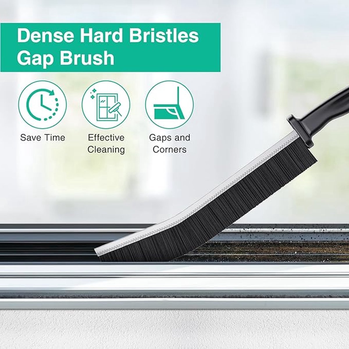 3x Hard-bristled Crevice Brush with a long black handle, dense black bristles and a slim head for narrow gaps