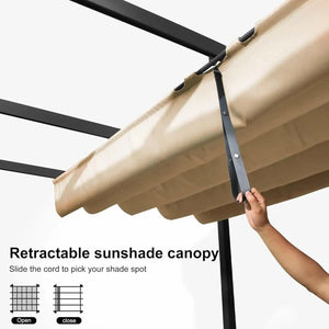 3x4m Beige Outdoor Garden Pergola with a beige retractable fabric canopy, black frame and pull strap
