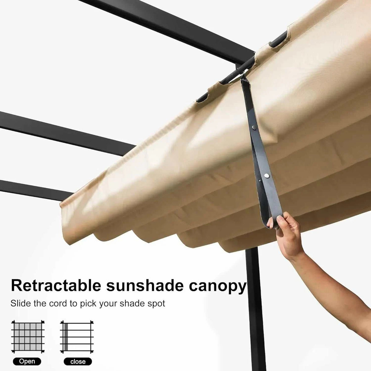 3x4m Beige Outdoor Garden Pergola with a beige retractable fabric canopy, black frame and pull strap