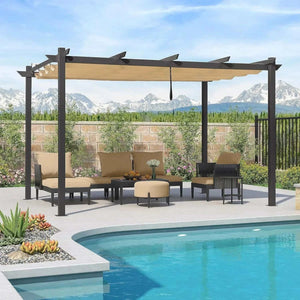 3x4m Beige Outdoor Garden Pergola with a beige retractable canopy, dark metal frame, and open slatted roof