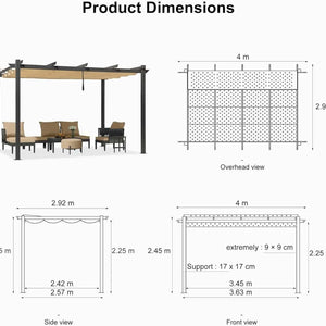 3x4m Beige Outdoor Garden Pergola with a beige retractable canopy, dark metal frame and inclined roof shown with dimensions.