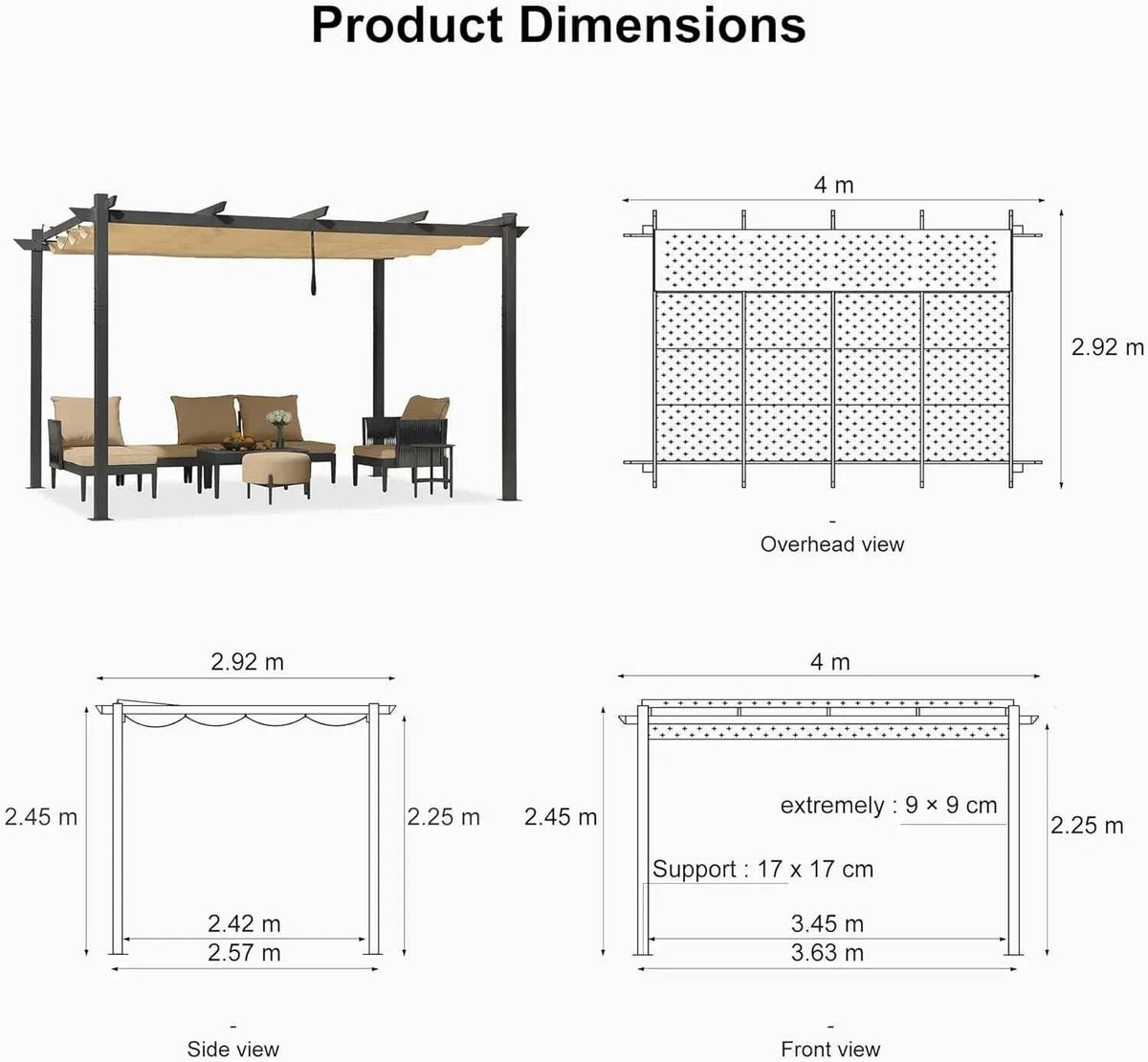 3x4m Beige Outdoor Garden Pergola with a beige retractable canopy, dark metal frame and inclined roof shown with dimensions.