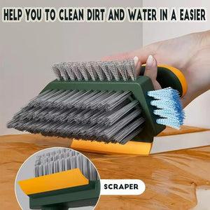 4-in-1 Grout Brush with dark green body, layered grey and white bristles, orange scraper edge and black handle